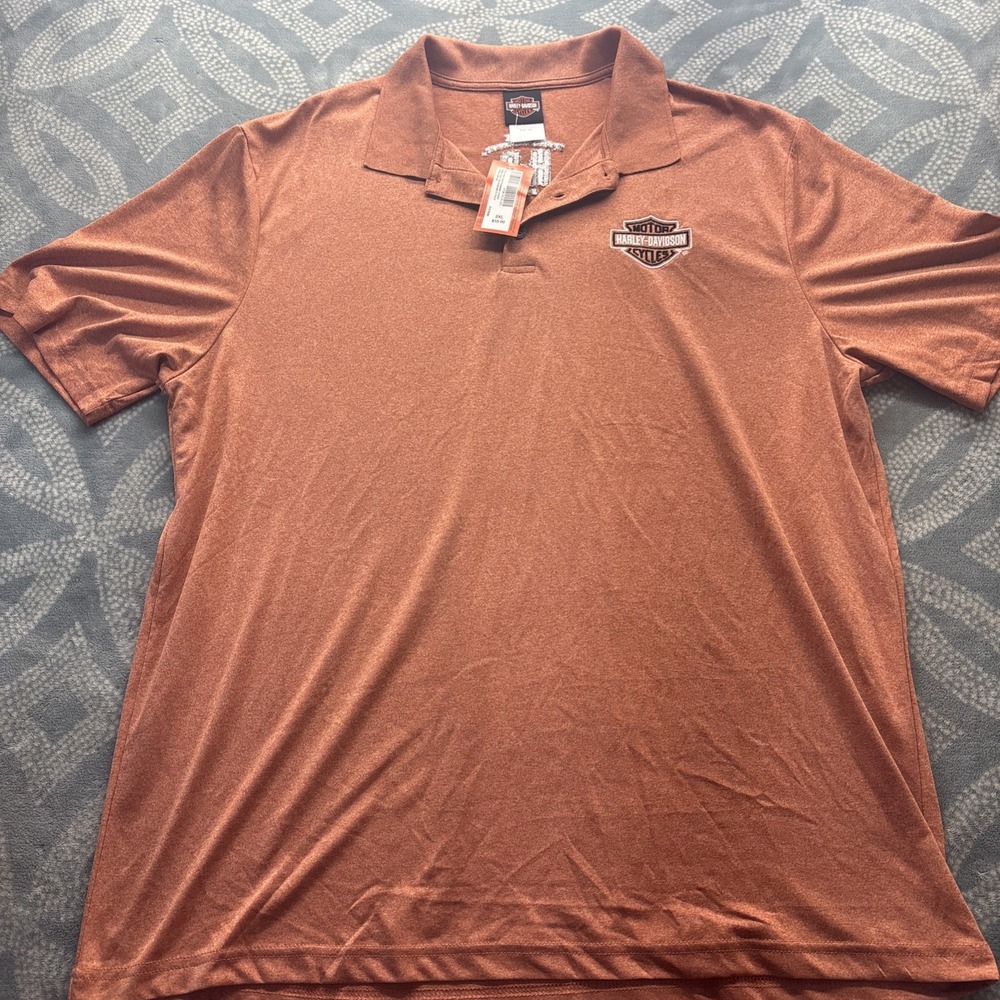 NWT Harley Davidson Mens 2XL Burnt Orange Short Sleeve Polo Shirt With Logo #
